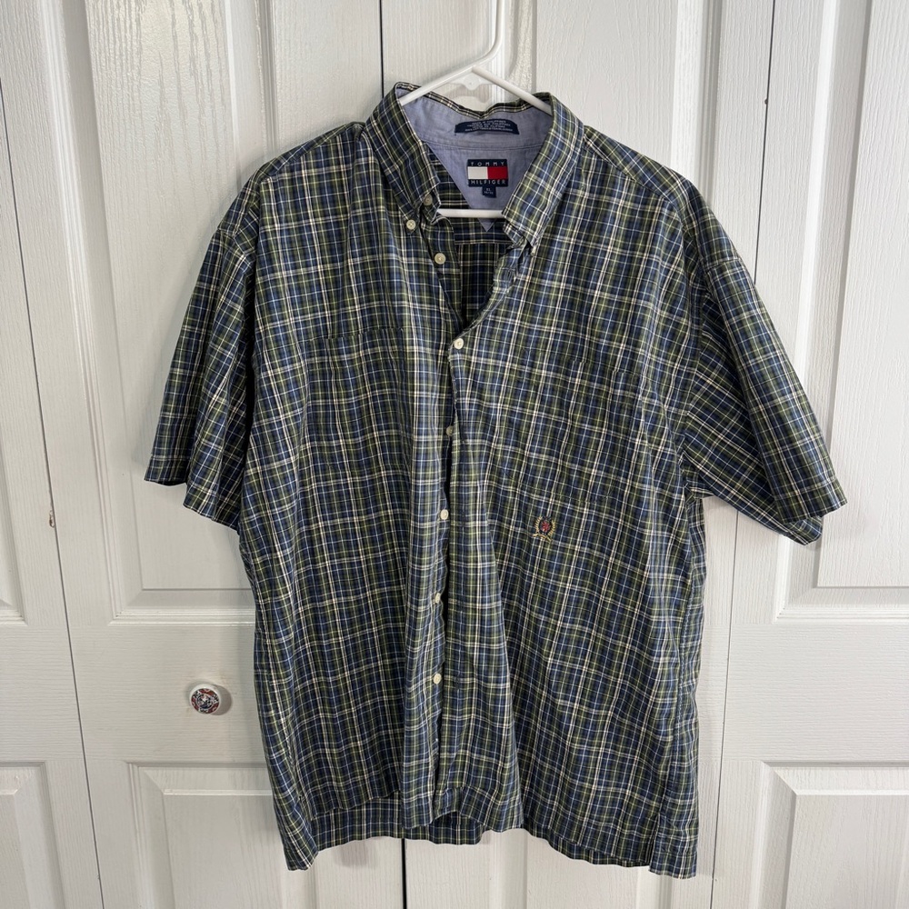 Tommy Hilfiger blue green plaid short sleeve button up size XL